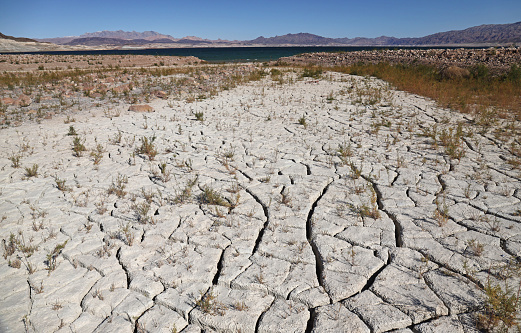 The dried and caked former lakebed of Lake Mead near Las Vegas, Nevada. This lake is a strong representation of global warming, climate change, drought, environmental disaster, water shortage, and many other manmade ecological disasters.