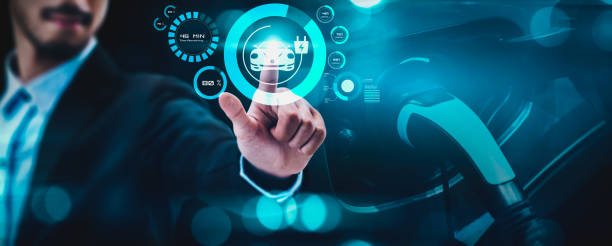 istock Electric car virtual reality concept with EV charging station for green energy and eco power produced from sustainable source to supply to charger station in order to reduce CO2 emission . 1468329180