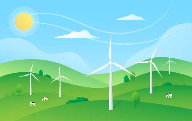 Vector illustration of Renewable energy, ESG concept. Green landscape with wind turbines. Gradient. Vector illustration