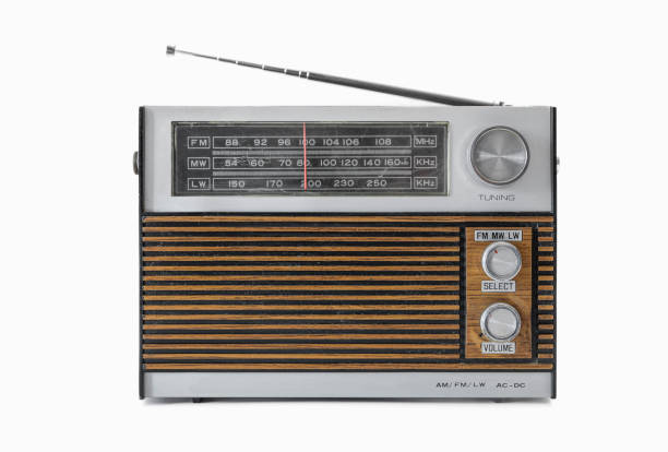 istock Authentic 70s radio receiver. Front view. Isolated on white background. Traces of time and scuffs on the body 1468331373