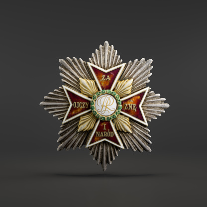 The order of the white eagle star  cross, ribbon, case.Polish civilian and military distinction, 1800s. Military badge. 3d Rendering, single object