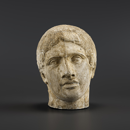 Plaster cast of an ancient sculpture. The head of Doryphoros found in Pompeii. 1st or 2nd century. Ancient Greek of Classical antiquity figure. 3d Rendering, single object