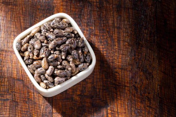 istock Castor grains and oil on the table, close-up image 1468335813
