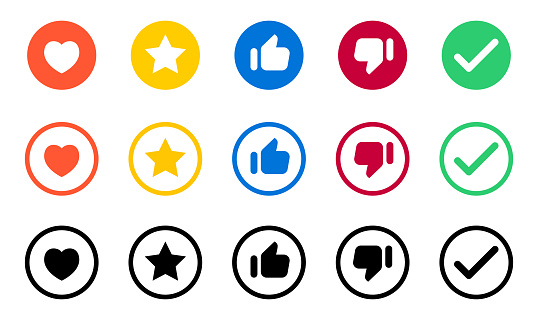 Vector illustration of a collection of round icons for social media, online messaging and global communications, as well as feedback and customer engagement ideas and projects. Cut out design elements on a transparent background on the vector file.