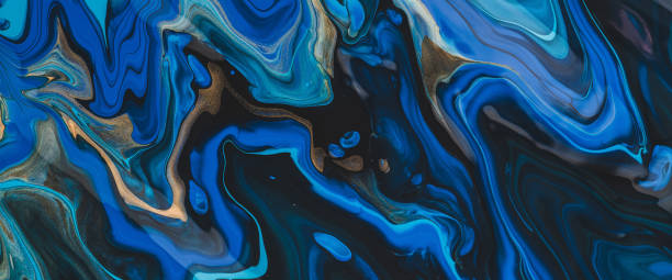 istock Fantasy fluid art background in blue tints with gilding. Flowing ripple effect of liquid ink. Dark phantom blue with gold. Fluorescent abstract texture of acrylic paints on canvas. Surreal mix colors. 1468346547
