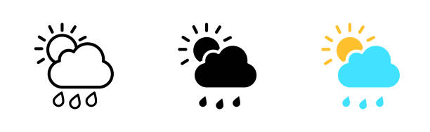 ilustraciones, imágenes clip art, dibujos animados e iconos de stock de icono de línea de sol y nube. principalmente nublado, lluvia, frío, tormenta, día, cielo, naturaleza, pronóstico, condiciones. concepto meteorológico. icono vectorial en línea, estilo negro y colorido sobre fondo blanco - 5954