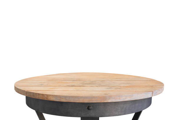 istock Round wooden table top isolated on white background for product display 1468347438