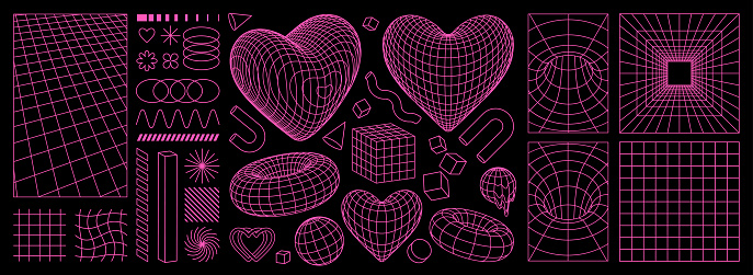 Geometry wireframe shapes and grids in neon pink color. 3D hearts, abstract backgrounds, patterns, cyberpunk elements in trendy psychedelic rave style. 00s Y2k retro futuristic aesthetic.