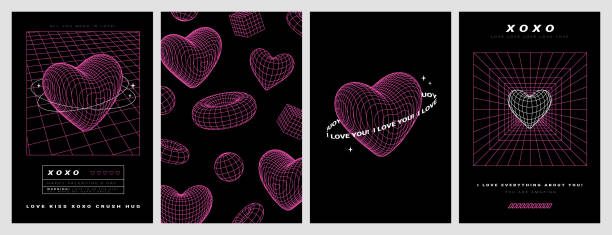 geometria szkieletowa, kształt siatki i serce 3d w neonowym różowym kolorze. 00s y2k retro futurystyczna estetyka. - vector backgrounds valentines day style stock illustrations
