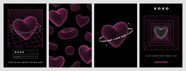 Geometry wireframe shape, grid and 3D heart in neon pink color. 00s Y2k retro futuristic aesthetic. Geometry wireframe shapes and grids in neon pink color. 3D heart, abstract background, pattern, cyberpunk elements in trendy psychedelic rave style. 00s Y2k retro futuristic aesthetic. Love concept. pics for heart shape design stock illustrations
