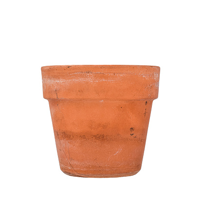 Empty weathered terracotta pot isolated cutout on white background