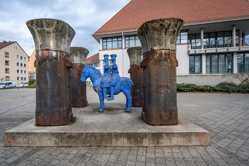 Nuremberg, Germany - Dec 09, 2019: Blue Riders (Blauer Reiter) Sculpture at Andreij-Sacharow-Platz Square - Nuremberg, Bavaria, Germany