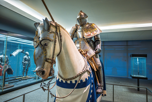 Nuremberg, Germany - Dec 09, 2019: Knight on armor and horseback at Germanisches National Museum (Germanic National Museum) Interior - Nuremberg, Bavaria, Germany
