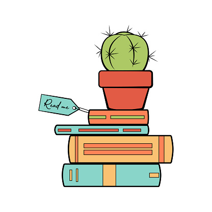 Big stack of books on which there is a houseplant. Home items books, cactus, textbooks. Icon or logo on the topic of reading and literature.