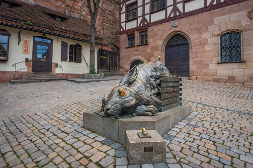 Nuremberg, Germany - Dec 09, 2019: Rabbit Sculpture (Der Hase) based on Albrecht Durer work - Nuremberg, Bavaria, Germany