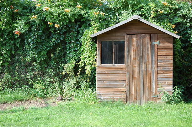 Broken wood garden house in wild nature.
