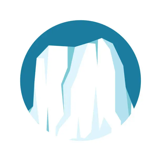 Vector illustration of Round floating iceberg, drifting arctic glacier, block of frozen ocean water. Icy mountains with snow. Melting ice peak. Antarctic snowy landscape. South and North Pole. Vector illustration