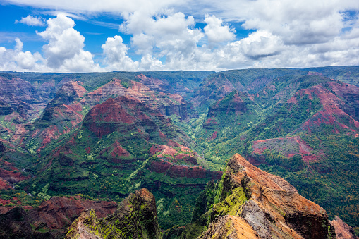 This breathtaking photo captures a majestic view of Waimea Canyon in Hawaii. With its steep cliffs and lush greenery, this natural wonder is one of the most awe-inspiring sights in the world. The vibrant colors of the canyon walls contrast beautifully with the blue sky above, creating a stunning landscape that is sure to take your breath away.