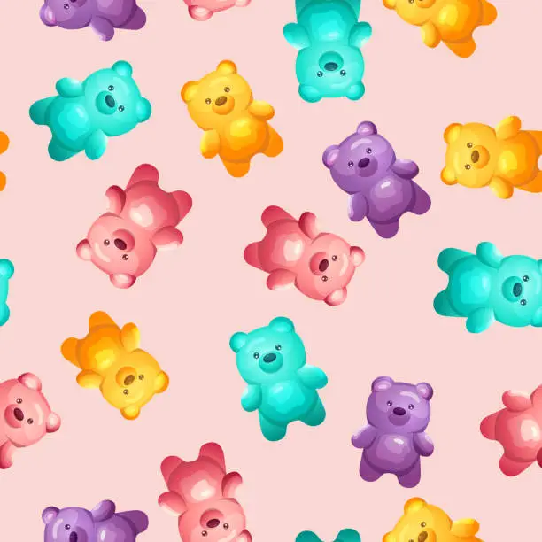 Vector illustration of Seamless pattern with colorful sweet jelly bears and gummy fruit candies. Texture for children fabric, kids wallpaper, decorative print. Vector cartoon illustration