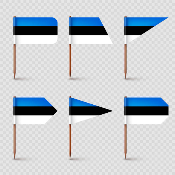 ilustrações, clipart, desenhos animados e ícones de realista várias bandeiras de palito de dente da estónia. lembrança da estônia. palitos de madeira com bandeira de papel. marca de localização, ponteiro do mapa. maquete em branco para publicidade e promoções. ilustração vetorial - estonia flag pennant baltic countries