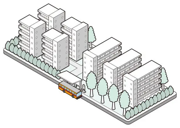 Vector illustration of A three-dimensional illustration of a building. Cityscape view.