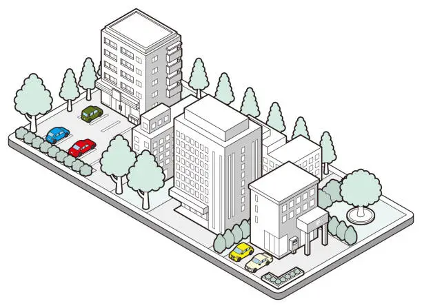 Vector illustration of A three-dimensional illustration of a building. Cityscape view.