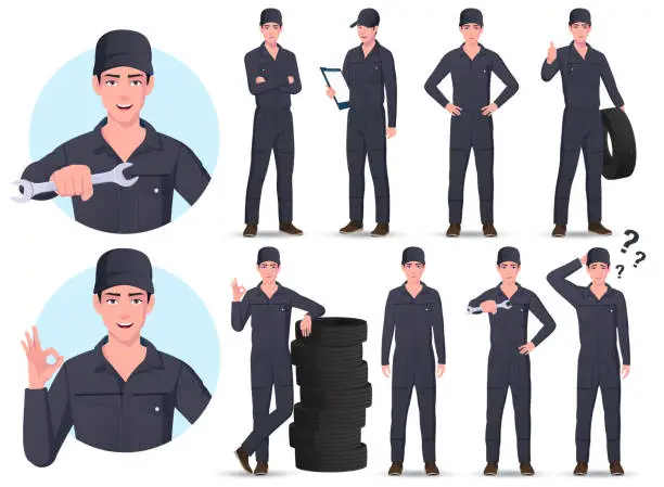 Vector illustration of Auto Mechanic Engineer Cartoon Character Set With Different Poses and gestures Vector Illustrations