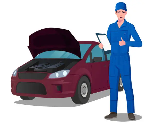 Vector illustration of Auto Engineer Character Servicing a Car, Mechanic Wearing blue Jumpsuit Thumbs up, Vector File