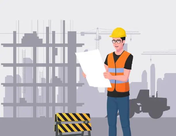 Vector illustration of Architect or Engineer on Job Site Holding Construction Plan, Man on Construction Site Illustration.