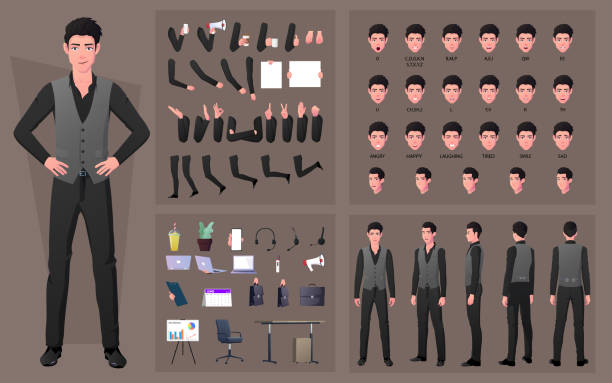 Character Creation Kit or DIY Set with Business Man In Formal Clothing, Face Gestures, lip sync, Office Items and Body Parts Character Creation Kit or DIY Set with Business Man In Formal Clothing, Face Gestures, lip sync, Office Items and Body Parts one young man only stock illustrations