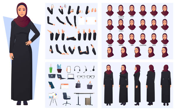 ilustraciones, imágenes clip art, dibujos animados e iconos de stock de paquete de creación de personajes de mujer árabe musulmana con mujer vestida con túnica negra y hijab rojo, animación de la boca de la mujer árabe, partes del cuerpo, gestos con las manos y artículos de oficina - women islam middle eastern ethnicity arabic style