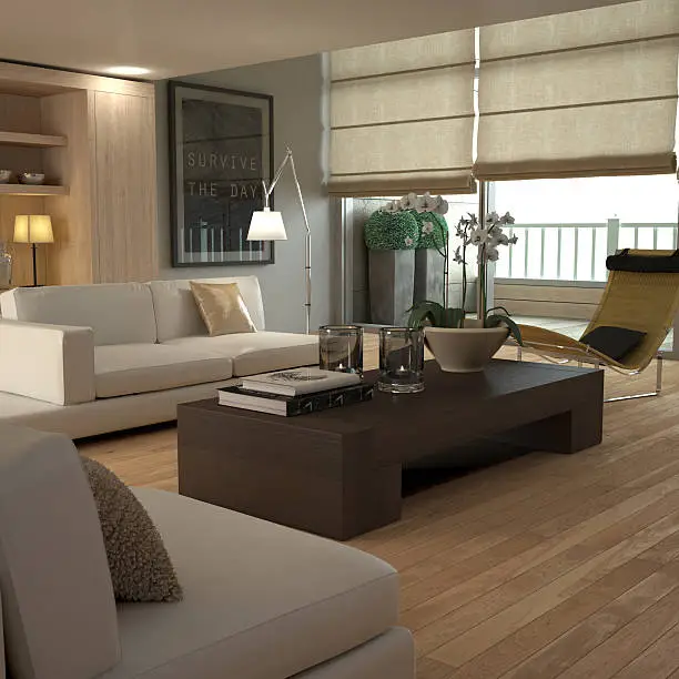 Soft-edged modern interior with wood colours and contemporary furniture