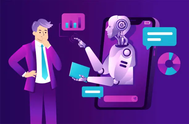 Vector illustration of Customers are having dialogs with chatbots on smartphones
