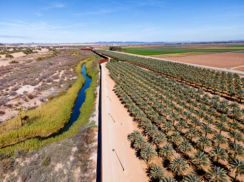Border Wall, Colorado  River Drainage at International Barrier Between Yuma Arizona and Algodones, Baja California Norte Mexico on a Sunny Day With Palm Tree Orchard