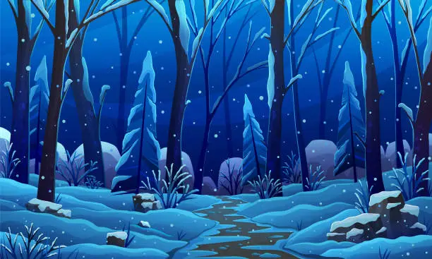 Vector illustration of Winter forest glade with plants and trees at night. Scenery of clearing with snow covered trees