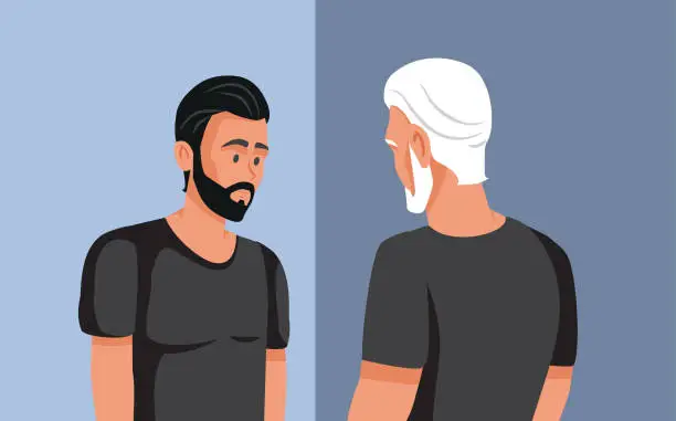 Vector illustration of Old Man Looking in the Mirror Seeing Younger Reflection of Himself