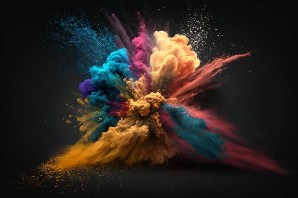 colori esplosivi di polvere e polvere su uno sfondo scuro - talco foto e immagini stock