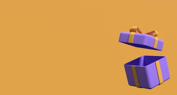 istock Gift box with ribbon isolated on yellow background. Open gift box. Minimal surprise package. 3d rendering illustration 1468374611