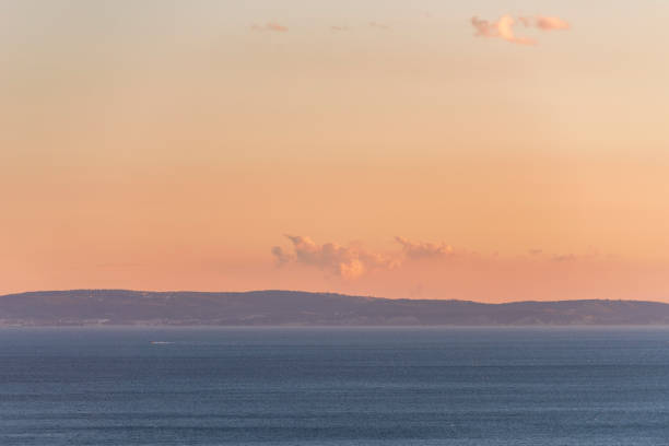 View from Rilke trail to distant hills at sunset in Duino, Friuli-Venezia Giulia, Italy