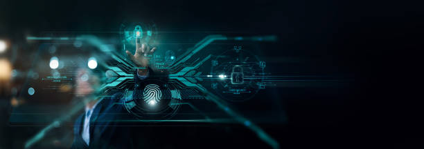 istock Businessman touching padlock and encryption of business data network with fingerprint scanning and Biometric identification of security and protect business transaction, Security digital technology. 1468381424