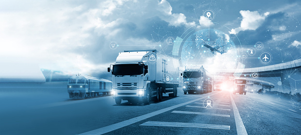 Logistics and transportation, Integrated warehousing and transportation operation service. Network distribution of Container Cargo, Smart logistics and future of transport on global networking.