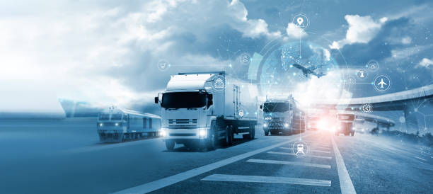 Logistics and transportation, Integrated warehousing and transportation operation service. Network distribution of Container Cargo, Smart logistics and future of transport on global networking. stock photo