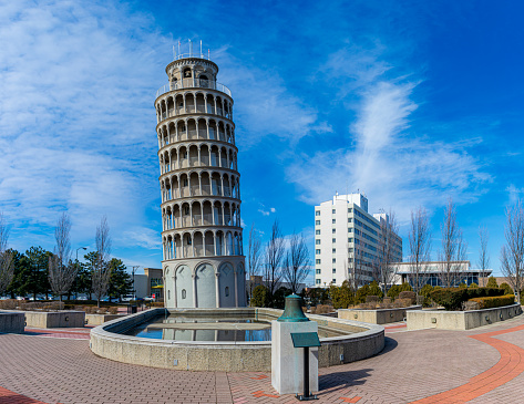 Niles, Illinois, United States - February 21, 2023: Leaning Tower of Niles - replica of the original Leaning Tower of Piza that houses a water tower in a Chicago suburb.