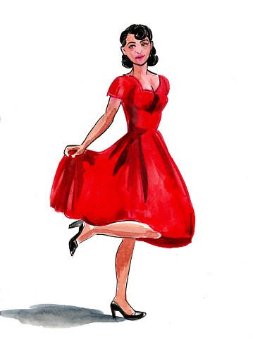 Ink and watercolor drawing of a pretty girl in red dress
