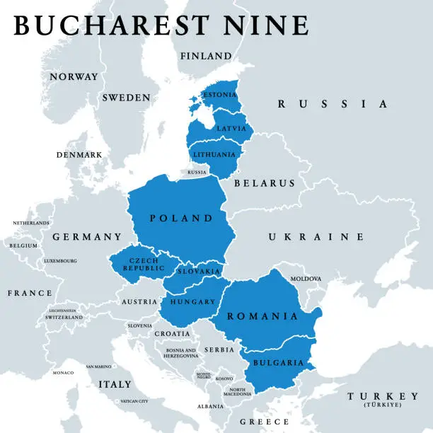 Vector illustration of Bucharest Nine members, or also Bucharest Format, political map
