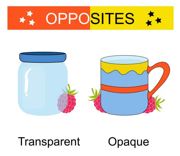 Vector illustration of Educational material for kids. Opposites words: opaque and transparent. Vector illustration
