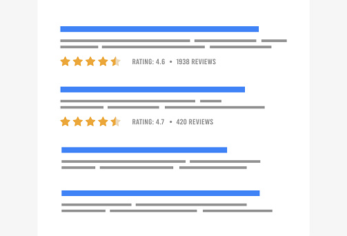 Review snippets - colorful yellow star rating feature displayed on search engine results page SERP, based on customer reviews of website. Review snippets can increase online visibility and user trust.