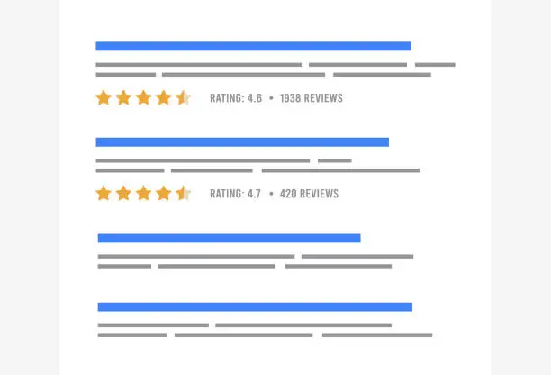Vector illustration of Review snippets - colorful yellow star rating feature displayed on search engine results page SERP, based on customer reviews of website. Review snippets can increase online visibility and user trust