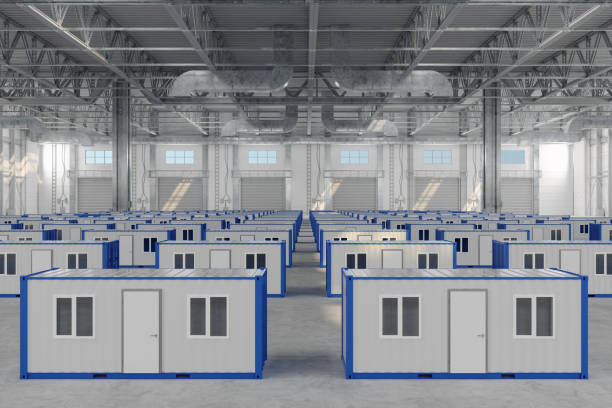 Warehouse Interior With Prefabricated Container Houses Warehouse Interior With Prefabricated Container Houses prefabricated building stock pictures, royalty-free photos & images