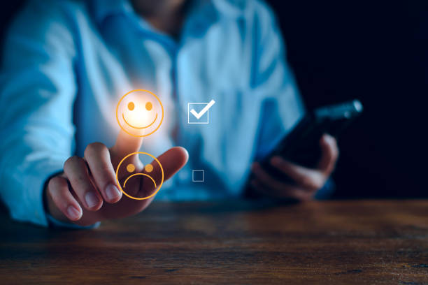 Customer service and Satisfaction ,business man giving Feedback satisfaction. five stars Positive Review. Client Satisfaction Surveys, good, five stars, best product and service. Excellence guarantee.